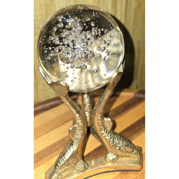Other - Vintage 4" Crystal Ball  with Dolphin Brass Stand 5.25" Orb Stunning Heavy